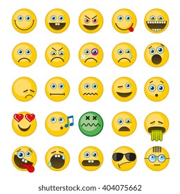 Emoji, emoticonos vectoriales conjunto. Sonriente de emoción, sonriente enojada, alegre carita sonriente, ilustración de carita sonriente