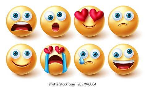 Emoji emoticons vector set. 3d emoticon in shocked, funny and sad broken hearted graphic 3d design for cute and crazy yellow faces emojis collection design. Vector illustration.
