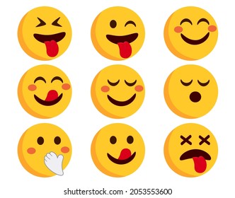 Emoji emoticons vector set. Emojis flat characters in blushing, crazy and happy emoticon side view face reaction isolated in white background for character expression collection. Vector illustration.
