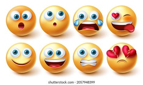 Emoji emoticons vector set. Emojis 3d character in happy and sad facial expressions isolated in white background for cute yellow faces graphic design collection. Vector illustration.
