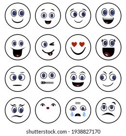 Emoji con expresiones emocionales aisladas de fondo blanco. Ilustración de vectores de diseño creativo