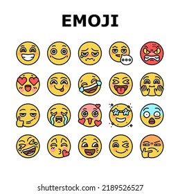 Emoji Emotional Funny Smile Face Icons Set Vector. Lol And Like, Love Heart Ad Confused, Happy And Sad Emoji. Expressive Emoticon For Communication, Sending Message Color Illustrations