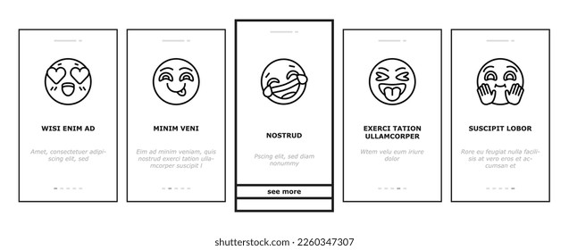 Emoji Emotional Funny Smile Face onboarding mobile vector. Lol And Like, Love Heart Ad Confused, Happy And Sad Emoji. Expressive Emoticon For Communication, Sending Message Color Illustrations