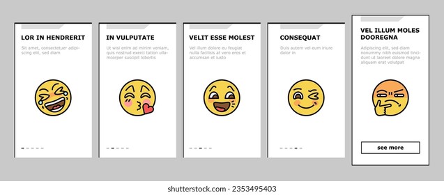 Emoji Emotional Funny Smile Face onboarding mobile vector. Lol And Like, Love Heart Ad Confused, Happy And Sad Emoji. Expressive Emoticon For Communication, Sending Message Color Illustrations