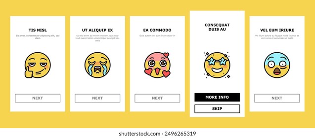 Emoji Emotional Funny Smile Face onboarding mobile vector. Lol And Like, Love Heart Ad Confused, Happy And Sad Emoji. Expressive Emoticon For Communication, Sending Message Color Illustrations