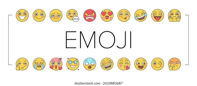 Emoji Emotional Funny Smile Face Icons Set Vector. Lol And Like, Love Heart Ad Confused, Happy And Sad Emoji. Expressive Emoticon For Communication, Sending Message Color Illustrations