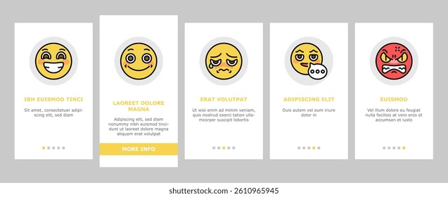 Emoji Emotional Funny Smile Face onboarding mobile vector. Lol And Like, Love Heart Ad Confused, Happy And Sad Emoji. Expressive Emoticon For Communication, Sending Message Color Illustrations