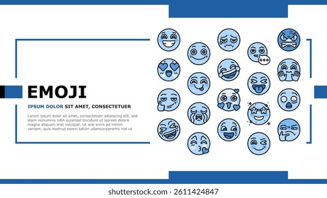 Emoji Emotional Funny Smile Face Landing Web Page Vector. Lol And Like, Love Heart Ad Confused, Happy And Sad Emoji. Expressive Emoticon For Communication, Sending Message Illustration