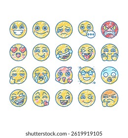 Emoji Emotional Funny Smile Face doodle icons set vector. Lol Like, Love Heart Ad Confused, Happy Sad Emoji. Expressive Emoticon For Communication, Sending Message  sketch hand drawn