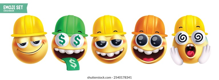 Conjunto de Vectores de personajes de emoticonos de ingeniero de emoji. Emojis 3d contratista personaje profesión en lindo, rico, feliz, sorpresa, asombro y amigable sonriente expresión facial emoticonos cara Elementos colección