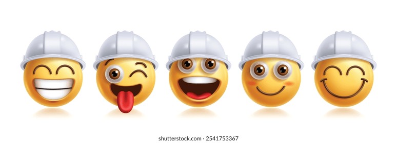 Conjunto de vetores de caracteres emoticon de engenheiro de emoji. Emojis 3d empreiteiro personagem profissão em bonito, feliz, impertinente, amigável, sorridente, animado, bobo e surpreendente emoticons expressão facial face elementos 