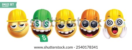 Emoji engineer emoticon characters vector set. Emojis 3d contractor character profession in cute, rich, happy, surprise, amaze and friendly smiling facial expression emoticons face elements collection