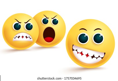 Emoji envy and confidence vector design. Emoticon in silly and teasing facial expression with angry, dislike and shouting emojis behind in white background. Vector illustration.