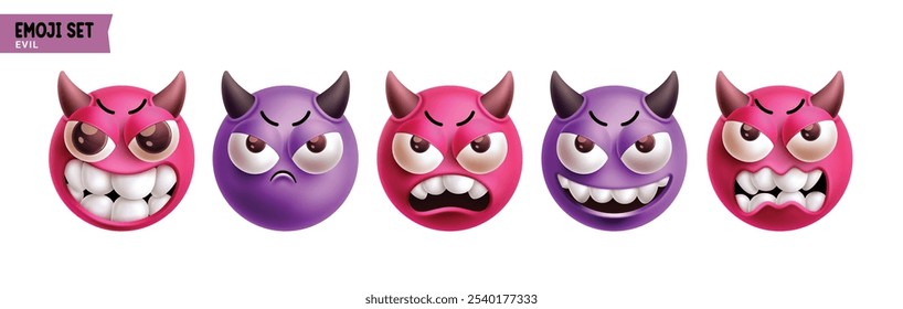 Conjunto de Vector de personajes malvados de emoji. Emojis demonio emoticon personaje en enojado, enojado, miedo, molesto y furioso cara reacciones 3d Elementos colección. Ilustración vectorial Emojis Devil Icono Set colección