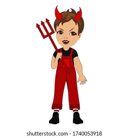 emoji with evil devil boy with horns, cuspids grinning, holding a trident in his hand, red imp with canine teeth, holding a pitchfork