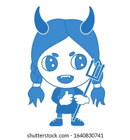 emoji with evil devil girl with horns, cuspids grinning, holding a trident in his hand, imp with canine teeth showing a thumbs up gesture, with raised thumb holding a pitchfork