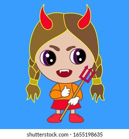 emoji with evil devil girl with horns, cuspids grinning, holding a trident in his hand, red imp with canine teeth showing a thumbs up gesture, with raised thumb holding a pitchfork