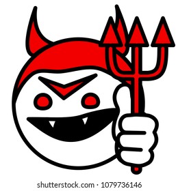 emoji with evil devil with horns & cuspids grinning & holding a trident in his hand, satan or red imp with canine teeth showing a thumbs up gesture, beelzebub with raised thumb holding a pikestuff