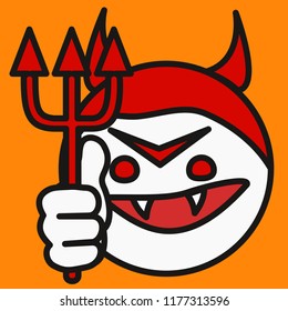 emoji with evil devil with horns & cuspids grinning & holding a trident in his hand, satan or red imp with canine teeth showing a thumbs up gesture, beelzebub with raised thumb holding a pikestuff