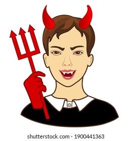 emoji with evil devil men with horns, cuspids grinning, holding a trident in his hand, red imp with canine teeth holding a pitchfork