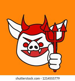 emoji with evil devil pig with horns & cuspids grinning & holding a trident in his hand, satan or red imp with canine teeth showing a thumbs up gesture, beelzebub with raised thumb holding a pikestuff