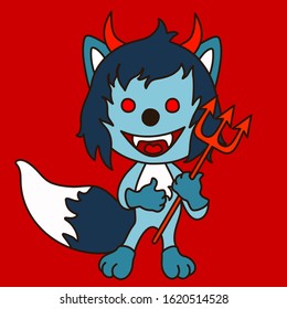 emoji with evil devil wolf with blue wool with horns, cuspids grinning, holding a trident in his hand, satan or red imp with canine teeth showing a thumbs up gesture