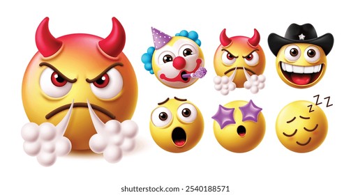 Emoji juego de Vectores de personajes de emoticonos malvados. Emojis daemon, monstruo y ícono de mala cara con payaso de cumpleaños, diablo, vaquero, shock, ojo de estrella y emoticonos somnolientos colección de expresión facial de personajes. 