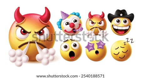 Emoji evil emoticon character vector set. Emojis daemon, monster and bad face icon with birthday clown, devil, cowboy, shock, star-eye and sleepy emoticons character facial expression collection. 