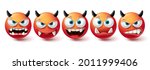 Emoji evil face vector set. Emojis bad, monster, demon and scary red icon collection isolated in white background for graphic elements design. Vector illustration

