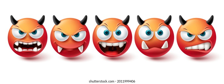 Emoji evil face vector set. Emojis bad, monster, demon and scary red icon collection isolated in white background for graphic elements design. Vector illustration
