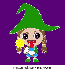 Emoji with evil witch holding a magic wand wearing an old mage's pointy hat while sticking her tongue out through crooked teeth and casting a black enchantment