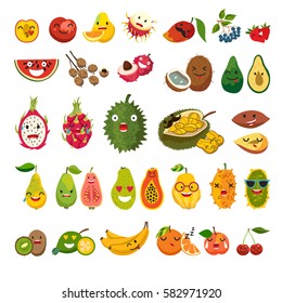 Emoji of exotic fruits vector set. Cute funny stickers, juicy and ripe fruit. Emoji flat cartoon fruit. Litchi, jackfruit, rambutan and dragon fruit. Isolated illustration on white background