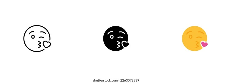 Emoji expressing air kiss. Relationships, falling in love, chatting. Vector set of icons in line, black and colorful styles isolated on white background.