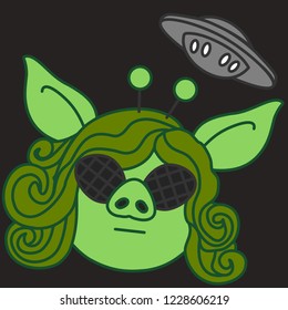 emoji with extraterrestrial green alien pig woman with insect faceted eyes and antenna ears under its ufo flying saucer, simple hand drawn emoticon, simplistic colorful picture, eps 10 vector clip art