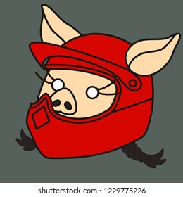 emoji with extreme motorbike biker pig woman, female quad bike rider or speed motorcycle racer with red safety helmet or helm on her head, simple hand drawn emoticon, simplistic colorful picture