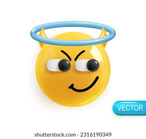 Emoji face angel is mischievous. Emotion Realistic 3d Render. Icon Smile Emoji. Vector yellow glossy emoticons.