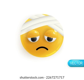 Emoji face bandaged head. Emotion Realistic 3d Render. Icon Smile Emoji. Vector yellow glossy emoticons.