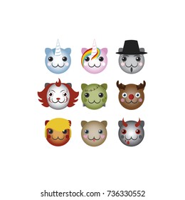 emoji face characters vector cats deer mask unicorns smile symbol set 