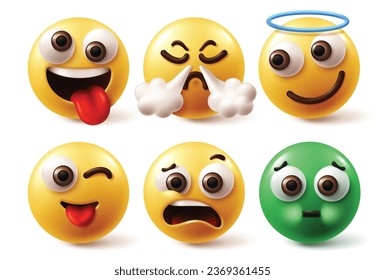 Juego de vectores de caracteres ecmoji faciales. Emojis enfrenta un emoticono amarillo en una expresión facial traviesa, furiosa, angel halo y guiñada por el ojo en fondo blanco. Icono de la ilustración vectorial emoticonos de la colección de iconos.  