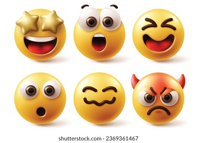 Emoji face characters vector set. Emoticon emojis reactions like happy, shock, amaze, wow, angry and mad facial expression in white background. Vector illustration yellow round emoticons collection. 