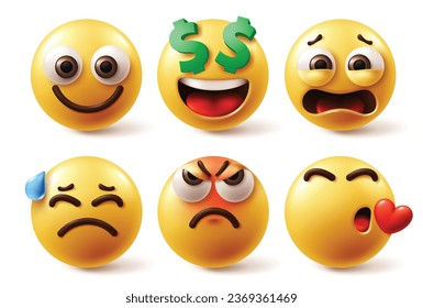 Emoji face characters vector set. Emojis emoticon character yellow emoticon in happy, smiling, money dollar, disappointed, sad and enraged facial expression in white background. Vector illustration 