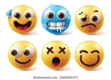 Juego de vectores de caracteres ecmoji faciales. Icono emoticono amarillo emoticono emoticono emoticono de Emojis frente a una reacción de cara asustada, fría, cansada y curiosa con fondo blanco. Carácter emoticono de ilustración de vector