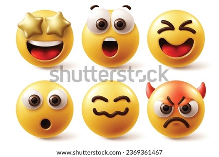 Emoji face characters vector set. Emoticon emojis reactions like happy, shock, amaze, wow, angry and mad facial expression in white background. Vector illustration yellow round emoticons collection. 