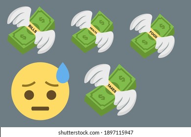 emoji face with cold sweat and winged money icons with text on grey background,debts,economic problems,bankruptcy,concept vector illustration