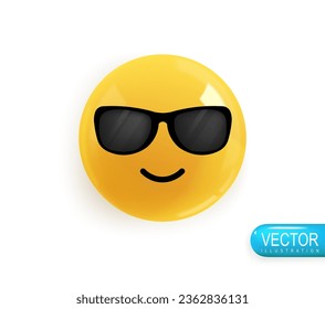 Emoji face cool with black glasses. Emotion Realistic 3d Render. Icon Smile Emoji. Vector yellow glossy emoticons.