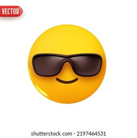 Emoji Gesicht ist kühl in einer Sonnenbrille. Emoticon gelbe glänzende Farbe. Realistisches 3D-Design im Plastikkarikaturenstil. Symbol einzeln auf weißem Hintergrund. Vektorgrafik