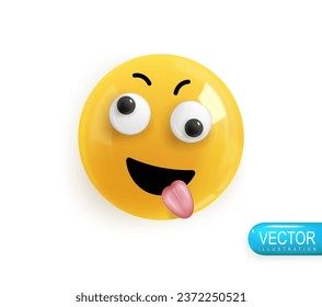 Emoji face dizzy with happiness. Realistic 3d design. Emoticon yellow glossy color. Icon in plastic cartoon style isolated on white background. Vector illustration