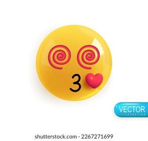 Emoji face dizzy with love. Realistic 3d Icon. Render of yellow glossy color emoji in plastic cartoon style isolated on white background. Vector illustration