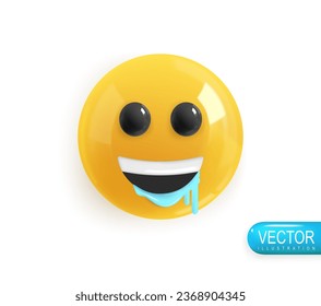 Emoji Gesicht ertrinken vor Glück. Realistisches 3D-Design. Emoticon gelbe glänzende Farbe. Symbol im Stil von Plastikkarikaturen einzeln auf weißem Hintergrund. Vektorgrafik