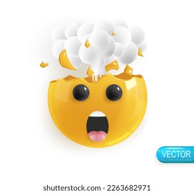 Emoji Gesicht Explosionskopf. Gesicht Emotion Realistic 3d Render. Icon lächelt Emoji. Vektorgelbe glänzende Emoticons.